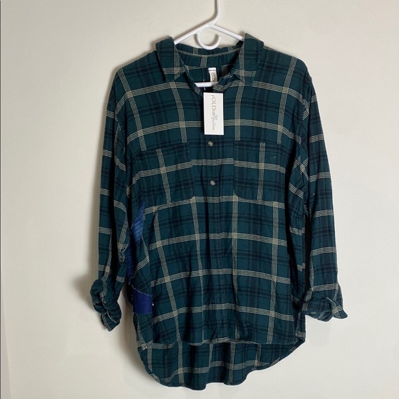 Handcrafted Sewn Green Flannel Denim Sun Print Unique Shirt Size M - Picture 5 of 7